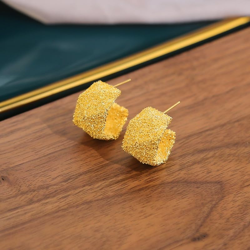 Eioi & Lmnm Women's Gold Matte Textured Geometric Half Hoop Earrings, Chunky Gold Statement Earrings, C Shaped Geometrical Gold Stud Earrings, 925 Sterling Silver Posts Hypoallergenic Gold Half Hoop Earrings, Trendy Jewelry Gift for Her - Image 2