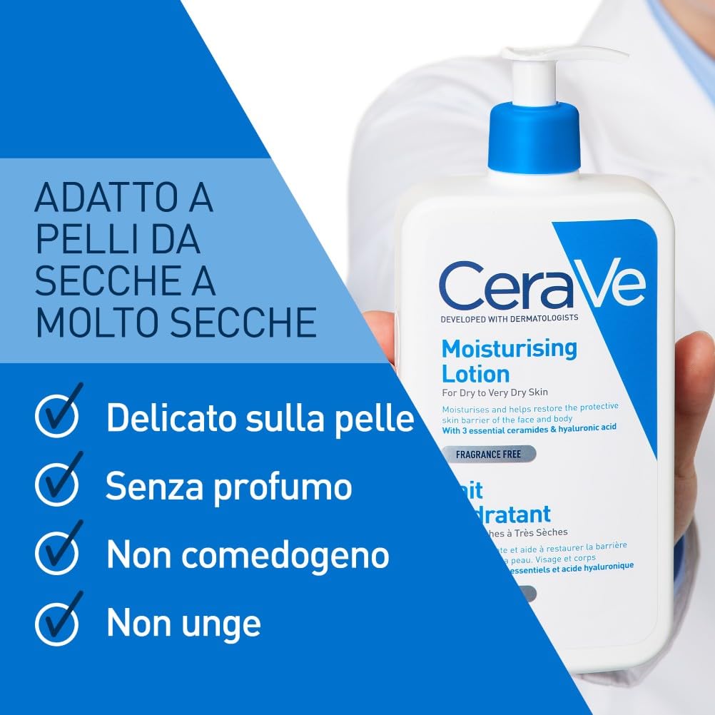 CeraVe Lozione Idratante Viso e Corpo, Per Pelli da Normali a Secche, Idratazione Profonda e Duratura, Con Acido Ialuronico e 3 Ceramidi e Routine Correlate