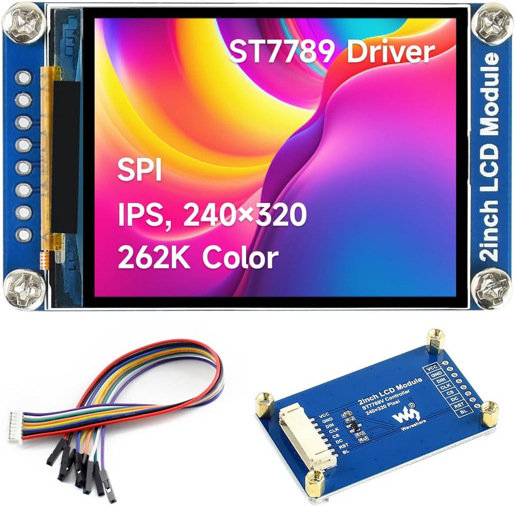 Waveshare 2-inch LCD Display Module showing ST7789 Driver, SPI, IPS, 240x320, 262K Color