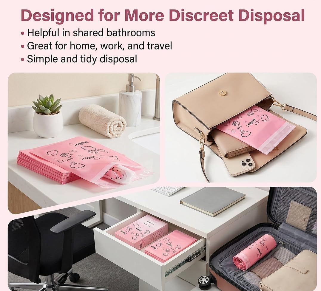 [110 Count] Bynibiny Pink Feminine Hygiene Disposal Bags for Pads & Tampons