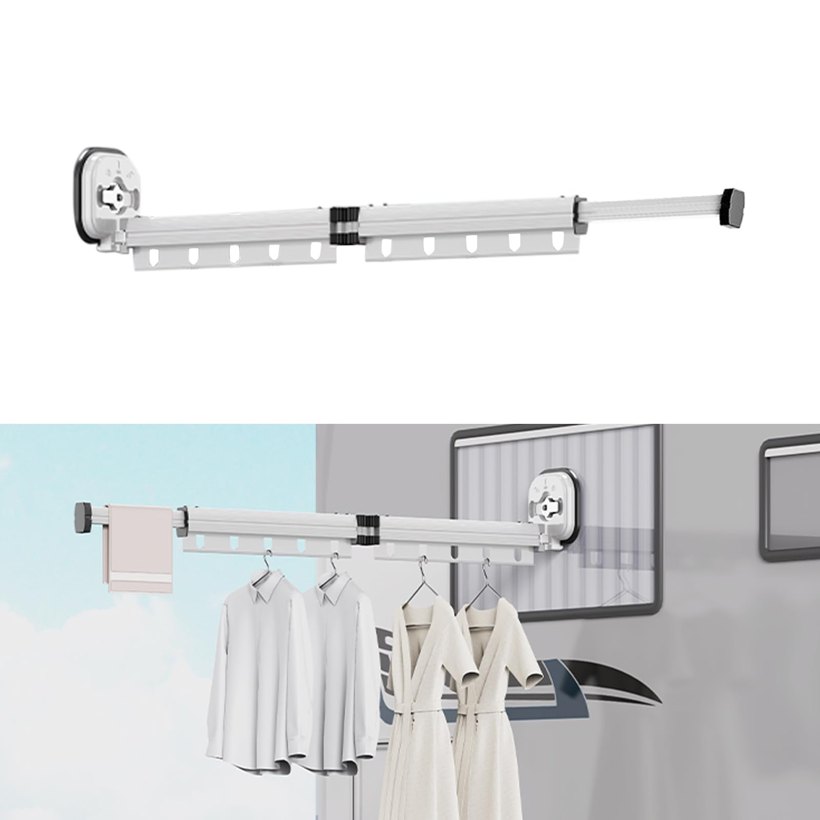 Asciugatrice retrattile, montaggio a parete, ventosa, pieghevole, ganci, portasciugamani, balcone, biancheria, bagno, camera da letto (bianco latteo, 2')