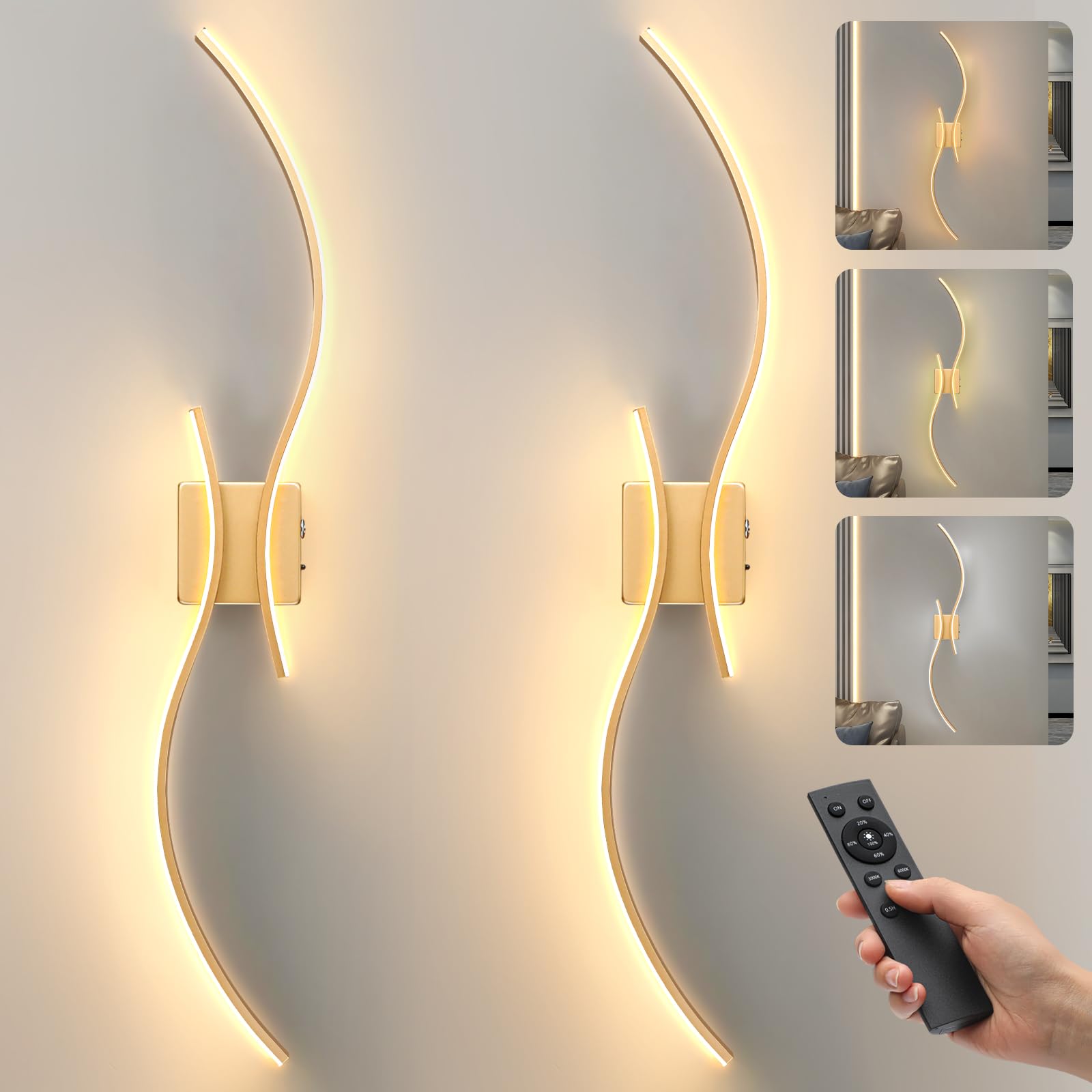 Photo 1 of Wireless Wall Sconces Set of 2, Wall Lights with Remote Control, Dimmable 3 Light Colors, Led Wall Lamps for Hallway, Living Room, Bedroom, 39.3 Inch (Gold 2 Pack)