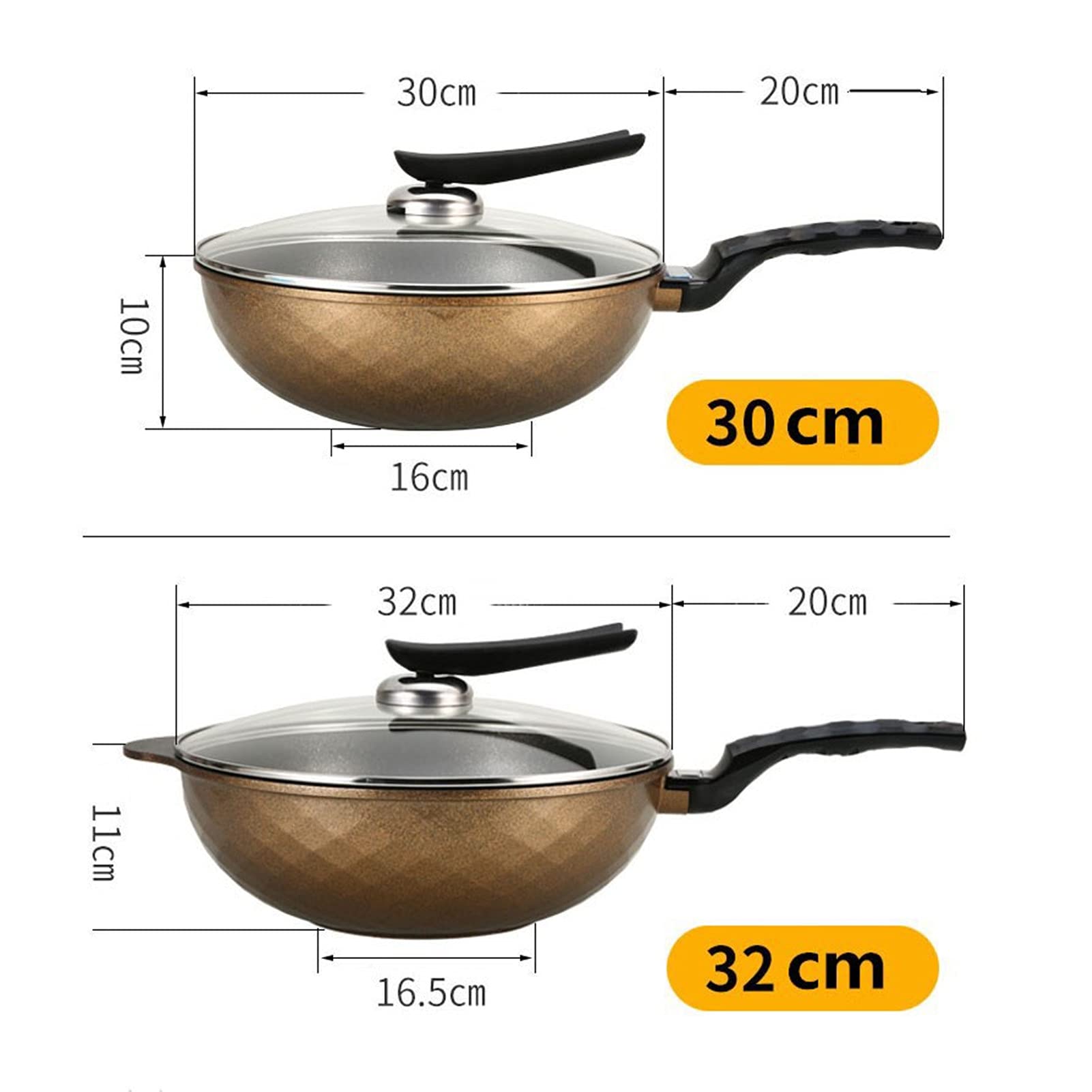 Patelnia woka, nieprzywierająca patelnia indukcyjna z pokrywką, patelnia do mieszania z kutego odlewu aluminiowego, 3-warstwowa powłoka zapobiegająca przywieraniu bez PFOA, granit (złota 32 cm)