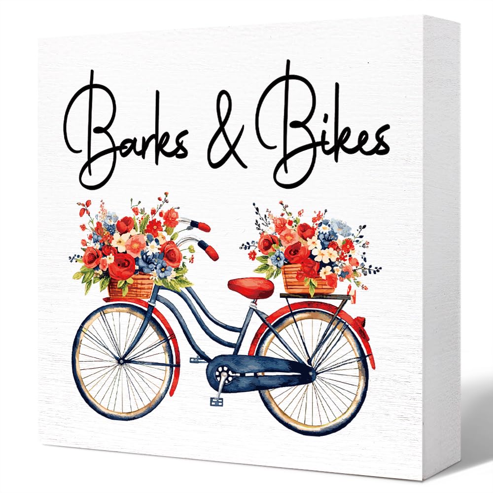 Spring Desk Decor,Barks and Bike Flowers Wood Block Plaque Box Sign for Home Workplace Farmhouse Garden Shelf Table DecorationSpring Decor 5"x5"