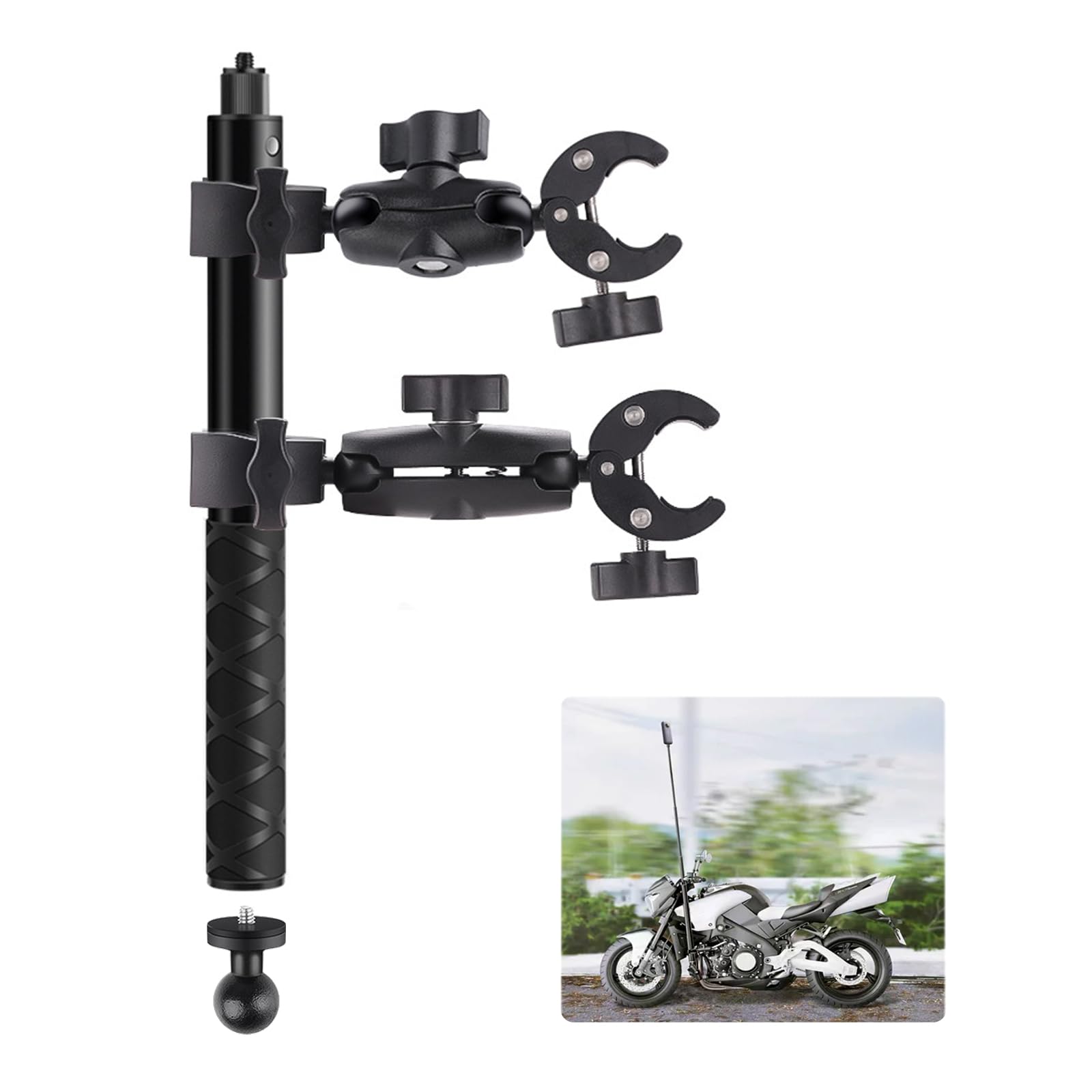 Supporto Moto per Insta360 x4 Action Camera, Moto Montaggio Kit Compatibile per Insta 360 X4 X3 X2 X RS GO 3, Rotazione a 360 Gradi Supporto a Doppia Pinza e Doppia Stabilità