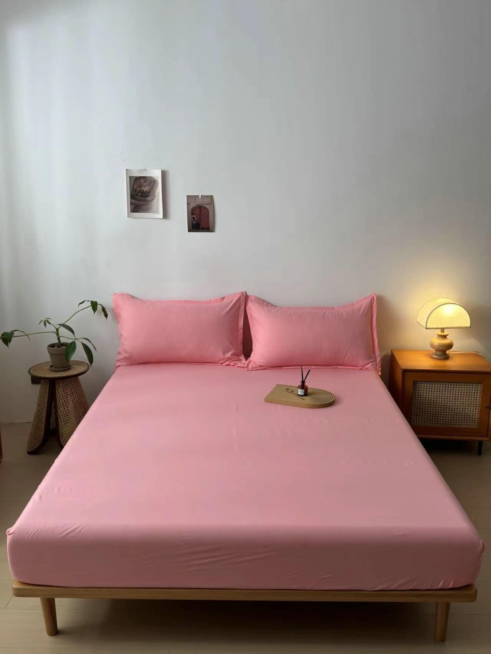 Juego 3 Piezas Sabana Bajera Elastica Algodón, Color Sólido, 200 x 220 CM + 2 Fundas de Almohada, Bajera Ajustable Rosa