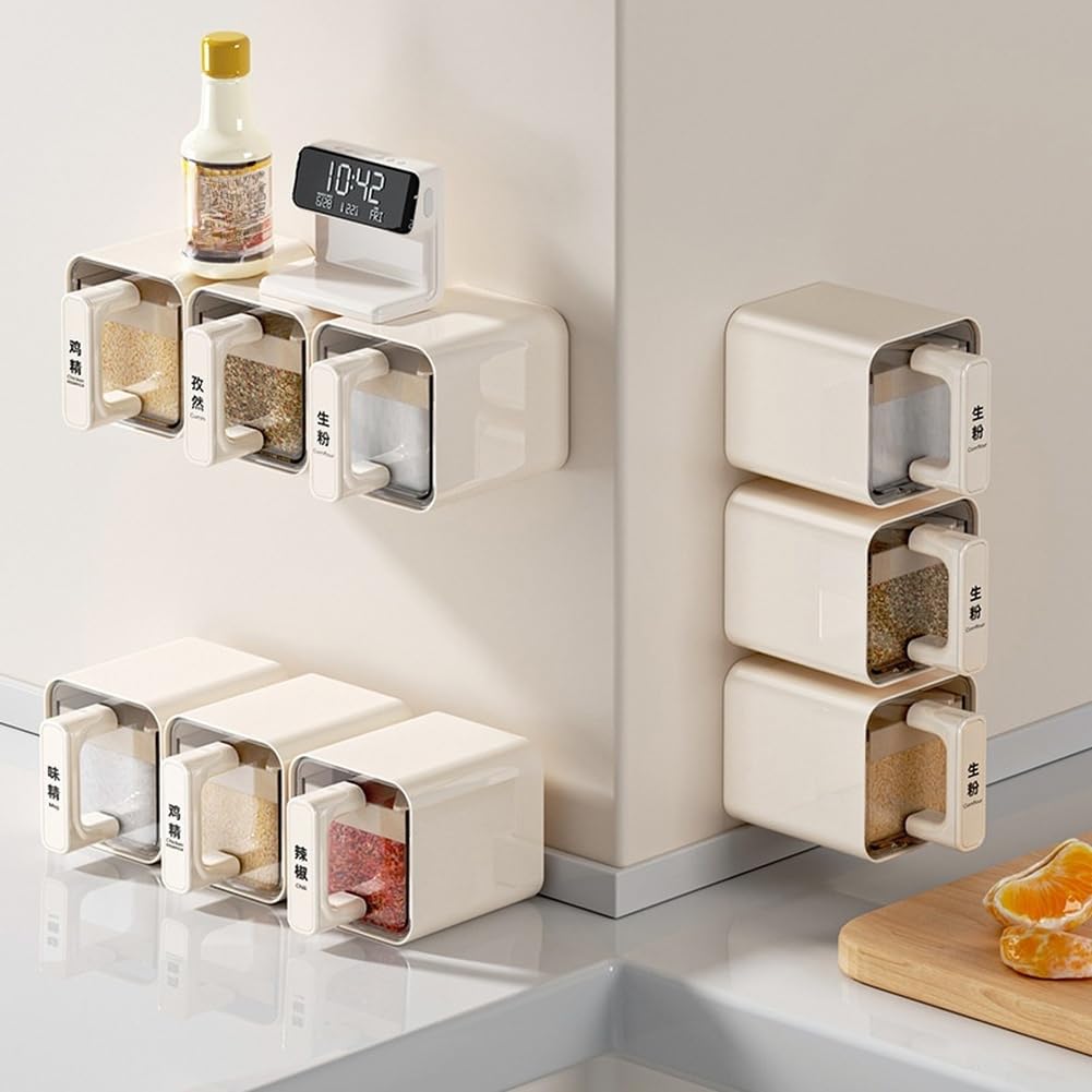 de Especias 3 Piezas Montaje Pared PET Sellado de Especias(White)