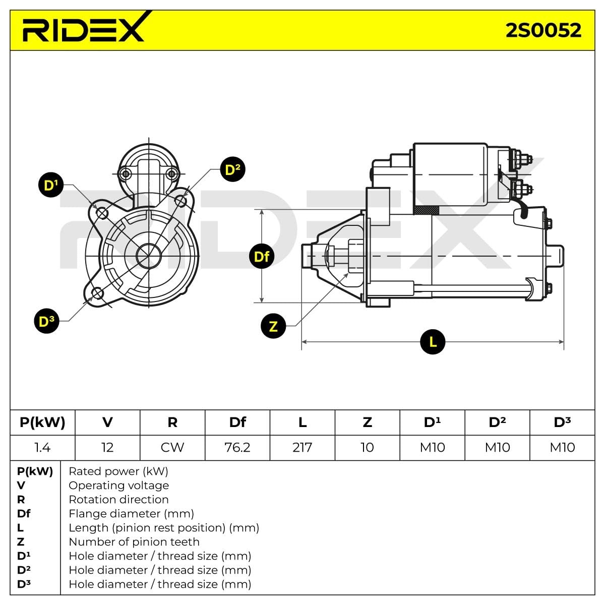 RIDEX 2S0052 Motor de arranque Compatible con FORD TRANSIT CONNECT P65, P70, P80