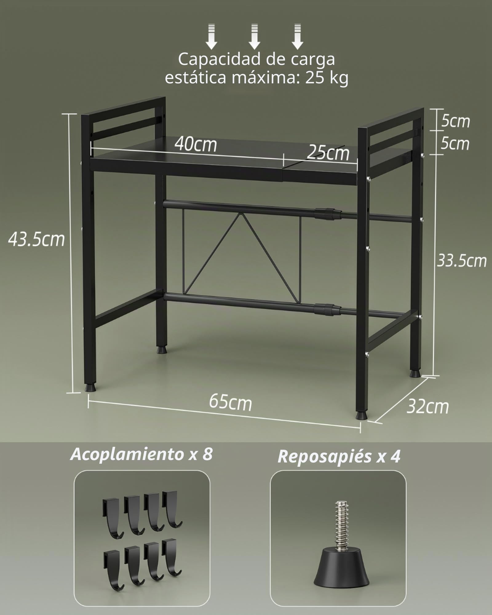 NETEL Soporte Extensible para microondas de 2 Niveles, Estante microondas encimera Ajustable, Soporte de Horno de Cocina, estanteria Cocina encimera, Organizador microondas con 8 Ganchos, Negro