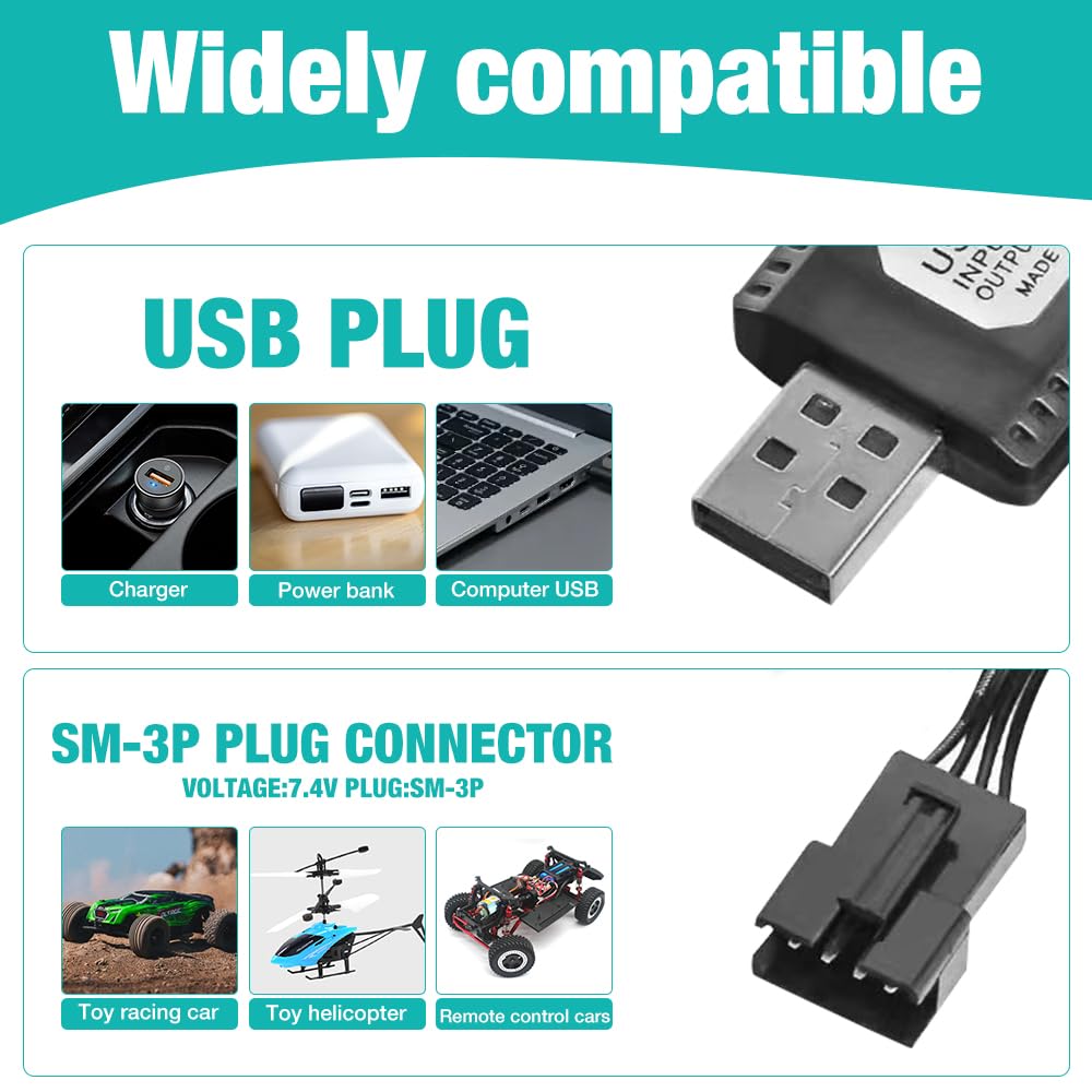 2 Pcs Cable USB Cargador SM-3P Para Batería 7.4V 1000mA – Carga Segura Para Coches RC Y Drones