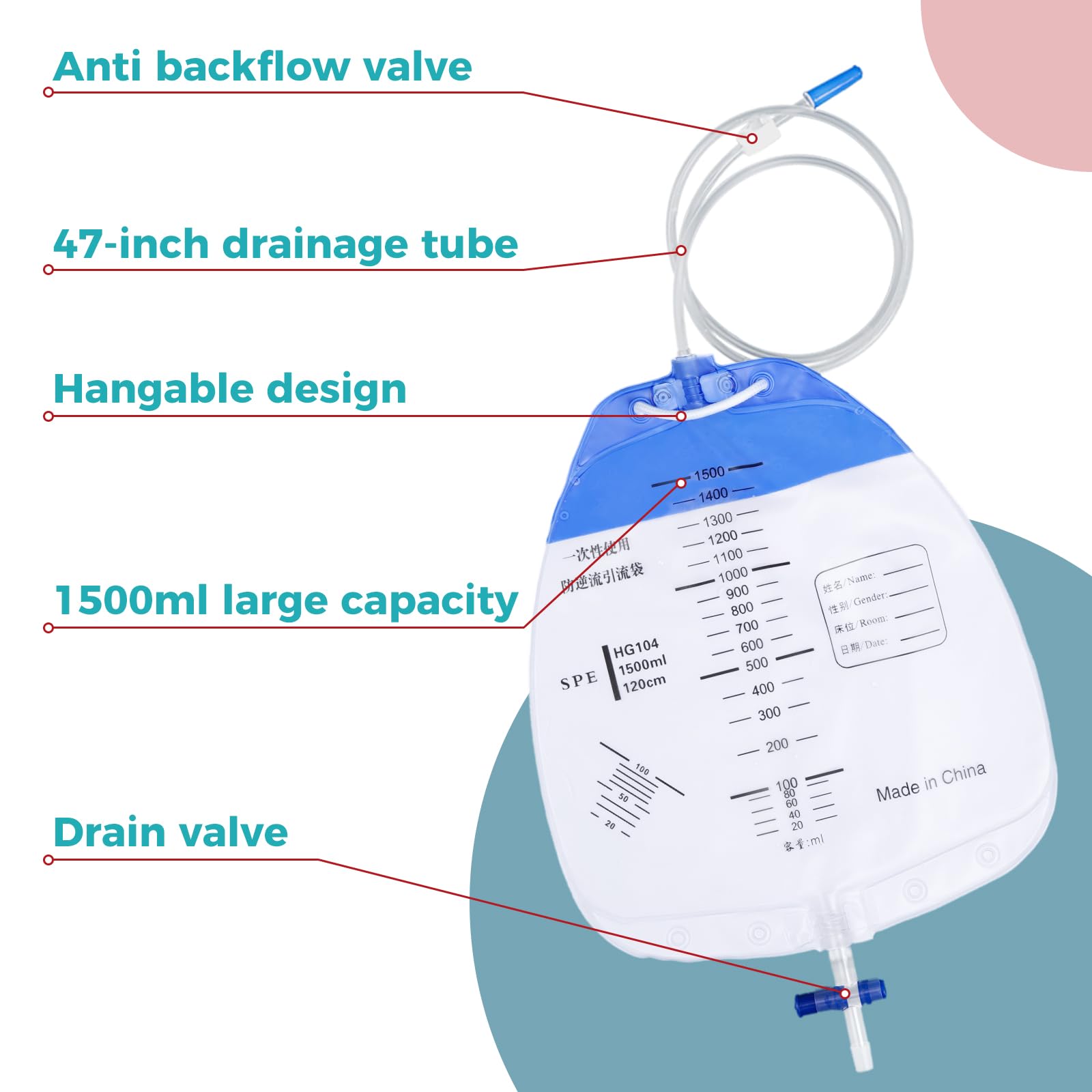 ENLUNTRA Urinary Drainage Bag with Anti-Reflux Chamber, Urine Bag with 1500 mL Volume(5 Pack)
