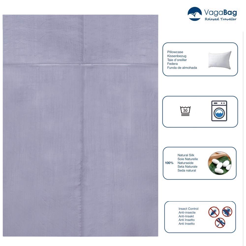 Hüttenschlafsack Insektenschutz Seide - für 2 Personen - Reiseschlafsack Ultraleicht 197g - Premium Seidenschlafsack 100% Naturseide (Silbergrau, 2 Pers. 170x230 cm)