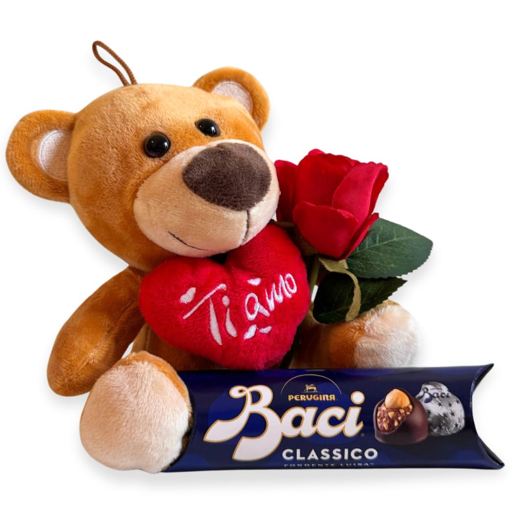 Baci Perugina Regalo Originale Festa della Mamma 2025 - Orsacchiotto + 37,5grammi Baci Perugina Tubino + Rosa Rossa