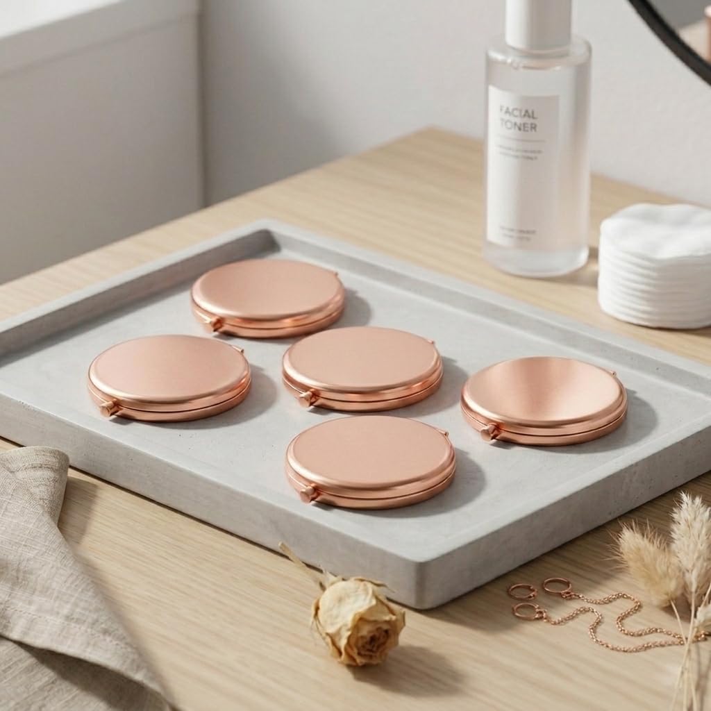 Magnifying Compact Double-Sided 1X/2X Round Pocket Handheld Travel Makeup Portable Pocket Mirror (5, Rose Gold)
