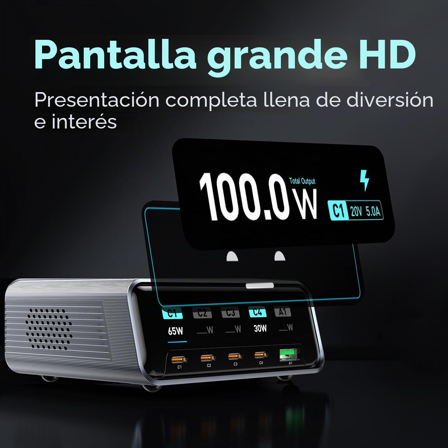 Estación de carga de escritorio inteligente, estación de carga USB C GaN3 de 100W, ultrarrápida de 5 puertos, USB C con PD3.0 de 100W, QC3.0, pantalla LCD de 2,25" y dial de control inteligente