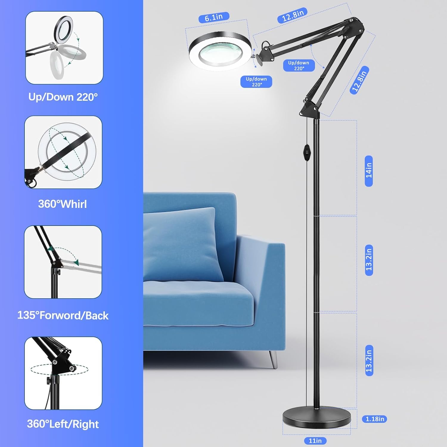 Lente d'ingrandimento da pavimento grande 10X con luce e supporto, 3 in 1 regolabile in altezza con lente d'ingrandimento illuminata, lampada da terra a 72 LED, 5 colori, dimmerabile