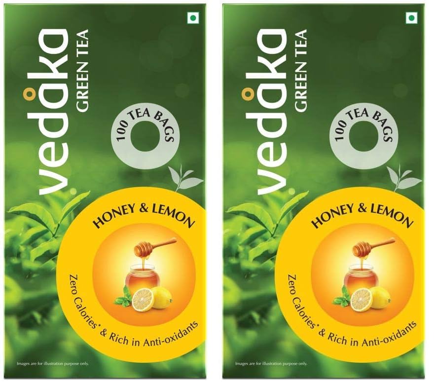 Image of Amazon Brand - Vedaka Green Tea Honey & Lemon Flavor | 100 Bags | 150G | Zero Calories | Natural Source Of Antioxidants | All Natural Flavor| 1.5G Each (Pack of 2)