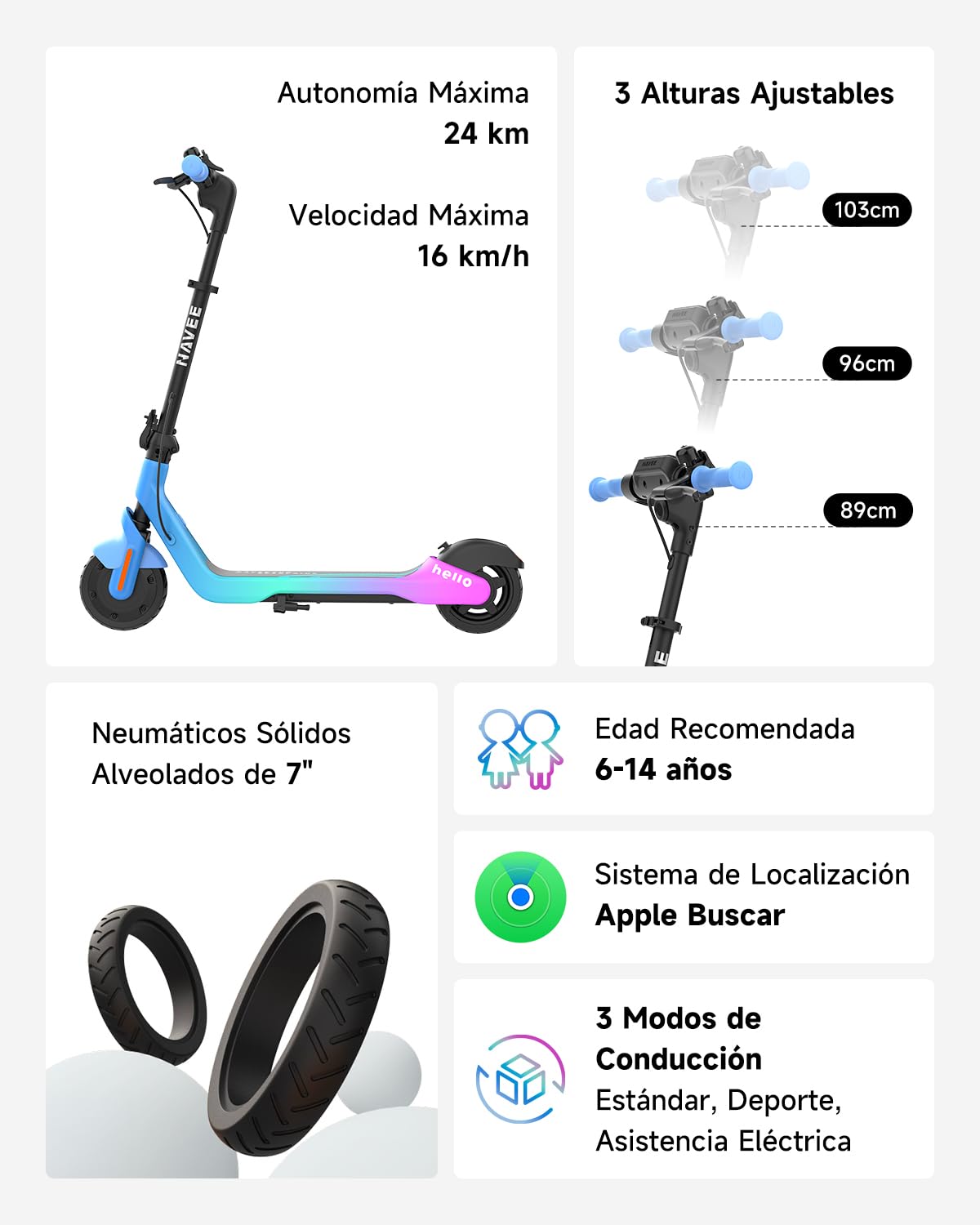 NAVEE K100 Serie Patinete Eléctrico para Niños, Control Parental vía App, Autonomy 14-24km, 3 Modos de Velocidad 16km/h, Luces RGB, Neumáticos Macizos 7", Plegable y Ajustable 6-14 Años