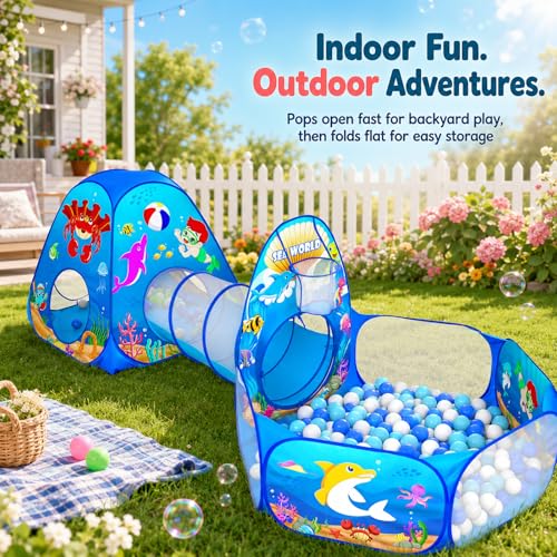 Image of PigPigPen 3 in 1 Kids Play Tent with Play Tunnel, Ball Pit, Basketball Hoop for Boys & Girls, Toddler Pop Up Playhouse Toy for Baby Indoor /Outdoor, Gift for Year Old Child (Ocean 3pc Play Tent)