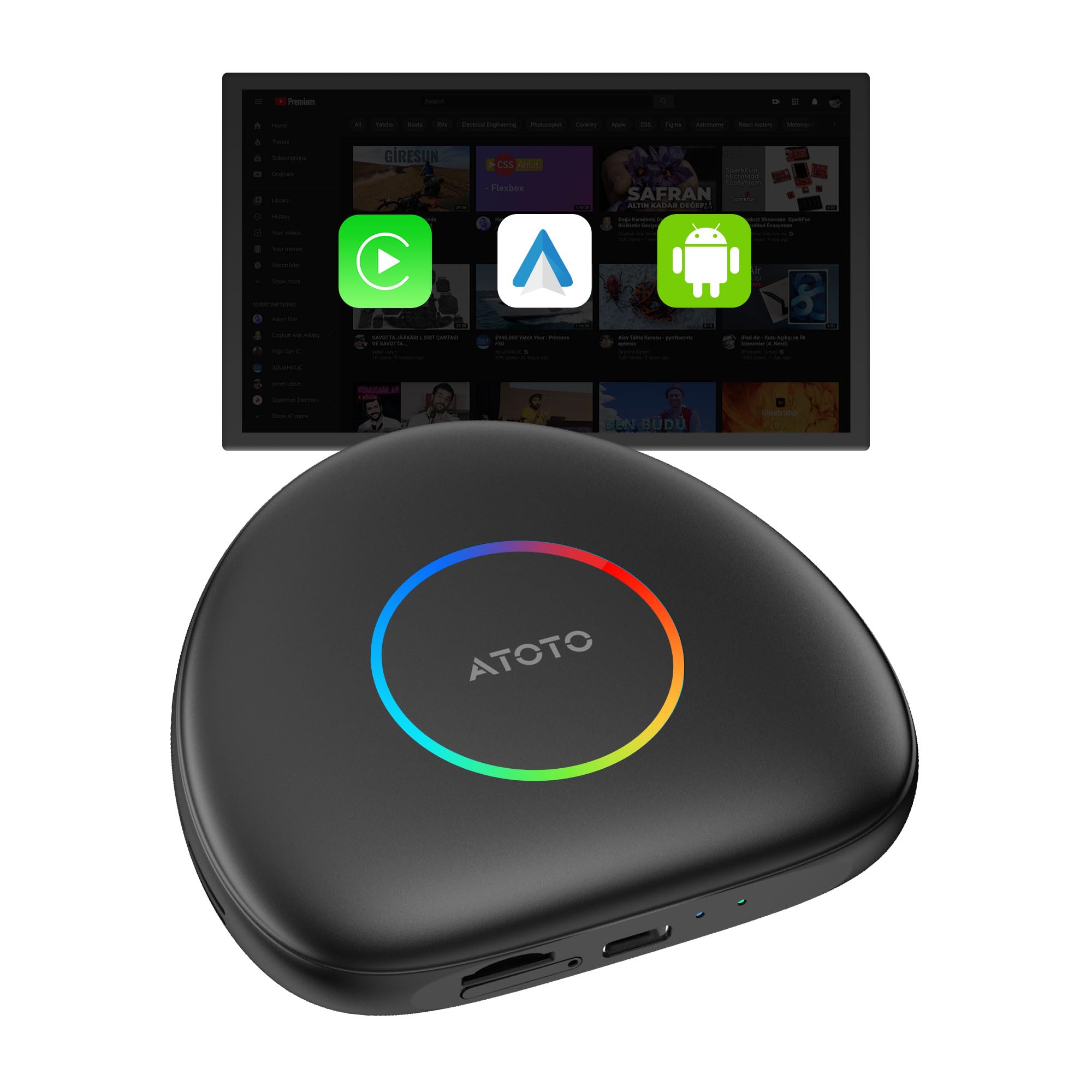 ATOTOLIFE CB6C AI Box CarPlay, Wireless CarPlay/AndroidAuto Adapter with YouTube, Car Video Box with AI Assistant, GPS Navigation, Android 13, 4G LTE, Expandable to 256GB, Watch Videos in Your Car