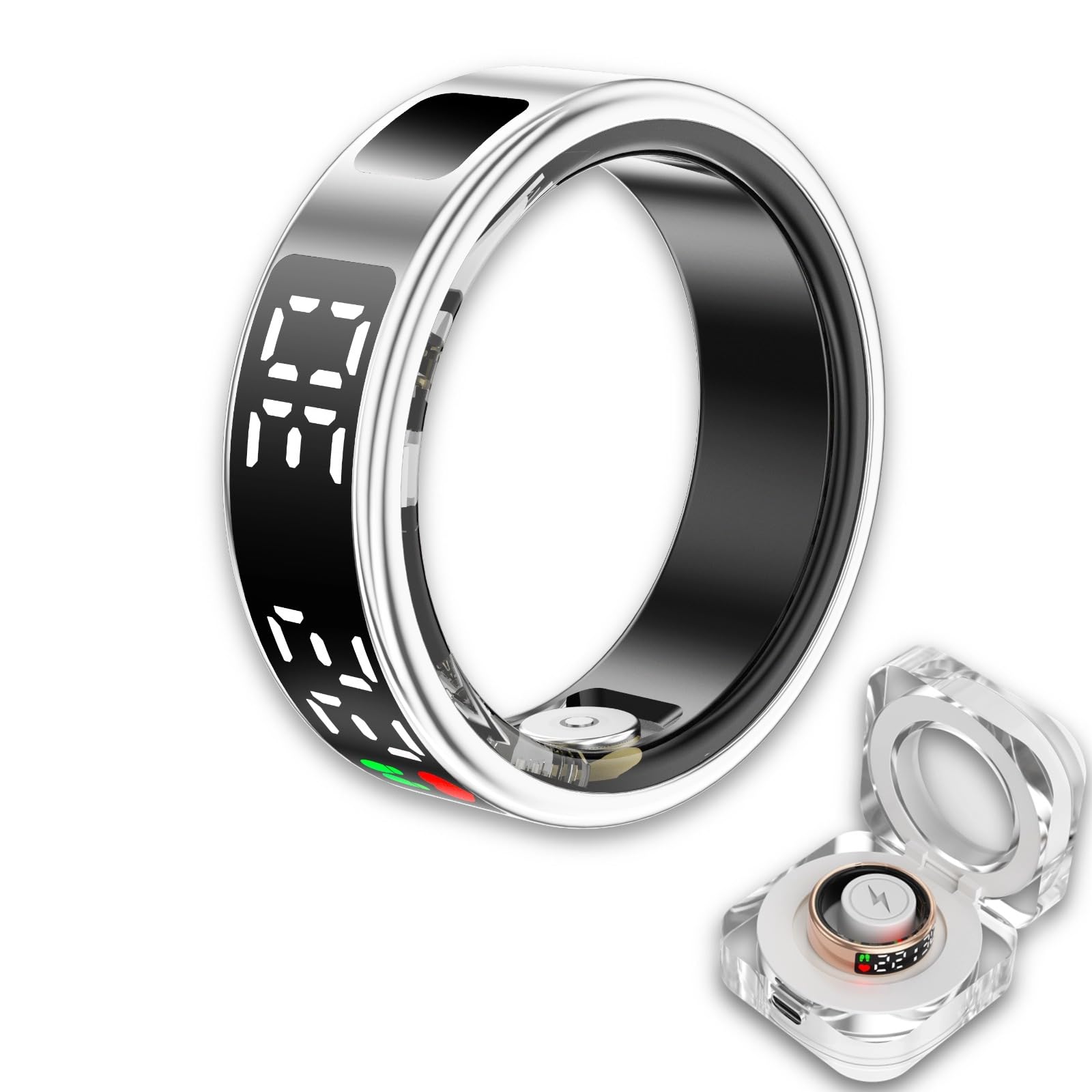 OWILIWO Smart Ring Health Tracker, Wearable Sleep Heart Rate Step Blood Oxygen Tracker, IP68 Waterproof Smart Ring with LED Screen to Track All Your Important Health Indicators (Silver, 12)