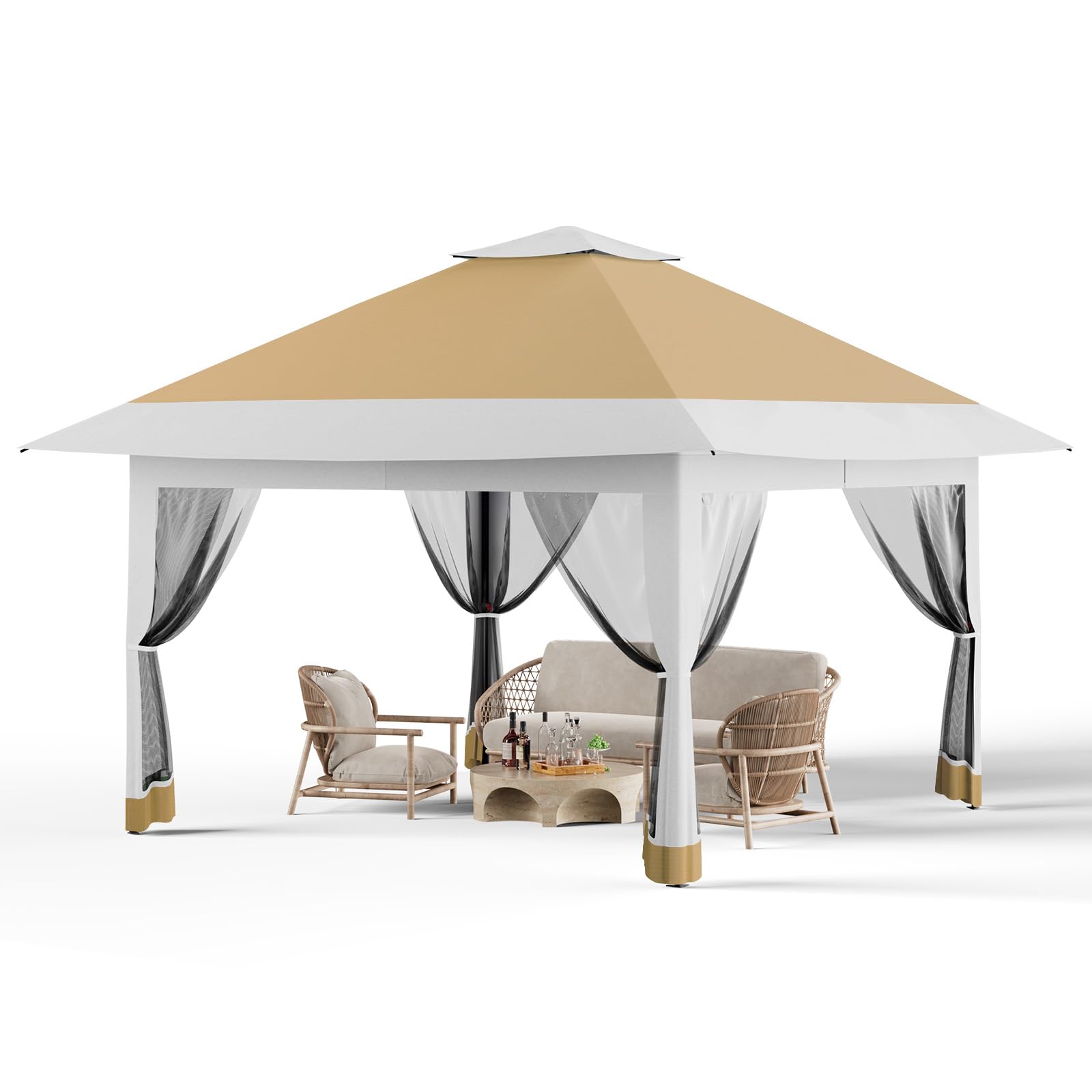 Tonnelle Pliante à Auvent avec Moustiquaire 3.6x3.6 m, Anti-UV, Kaki