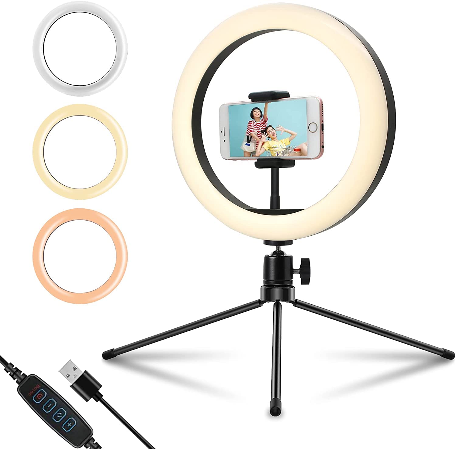 Padom Dimmable Selfie 10" LED Desk Ring Light with Tripod Stand & Phone Holder & Remote for Live Streaming, TikTok Photography, iOS and Android Smartphone with 3 Light Modes 10 Brightness Level