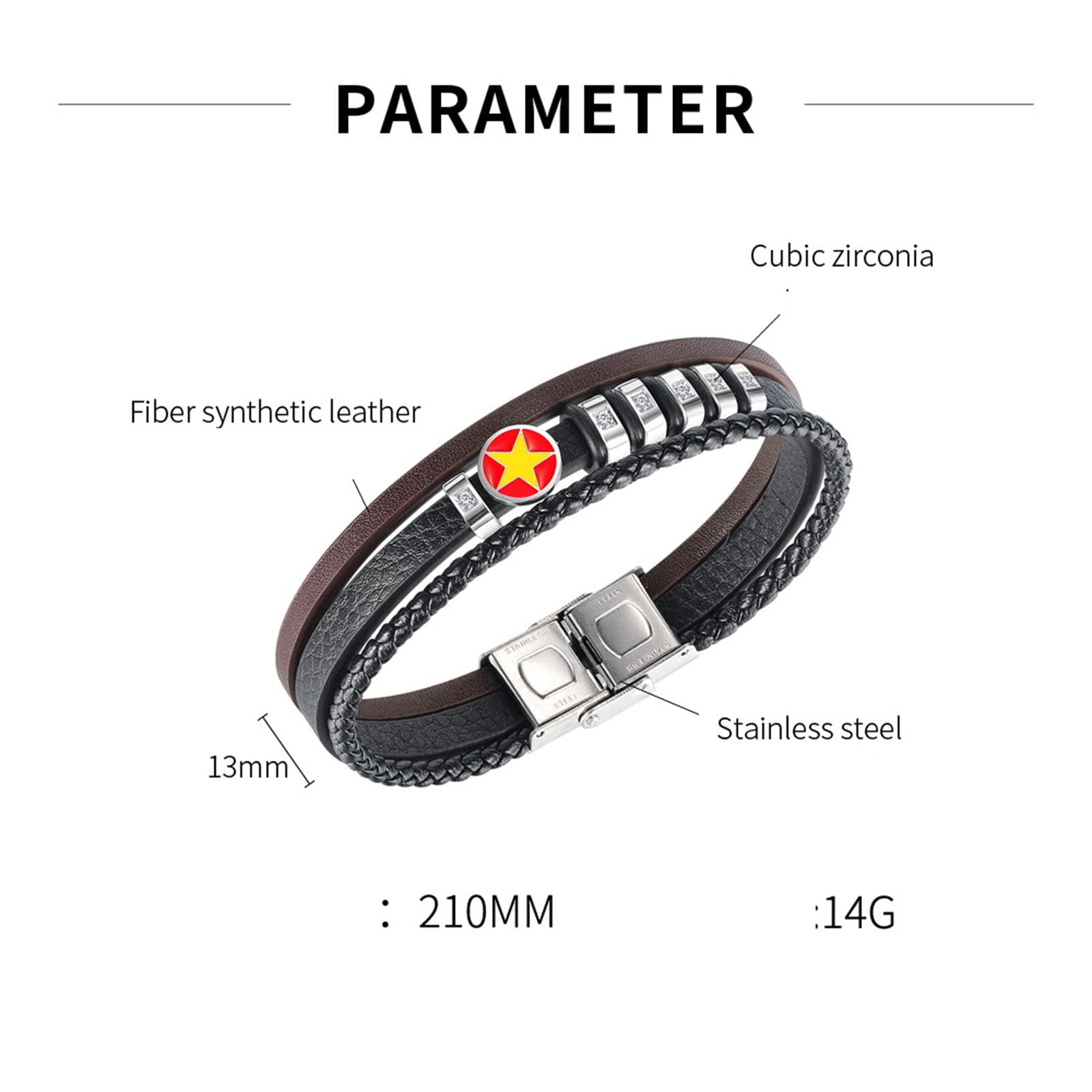 Pulsera de Hombre Pulsera de Cuero Pulsera de Acero Inoxidable Pulsera Trenzada Multicapa Trenzado Moda Circón Amarillo Pentagrama
