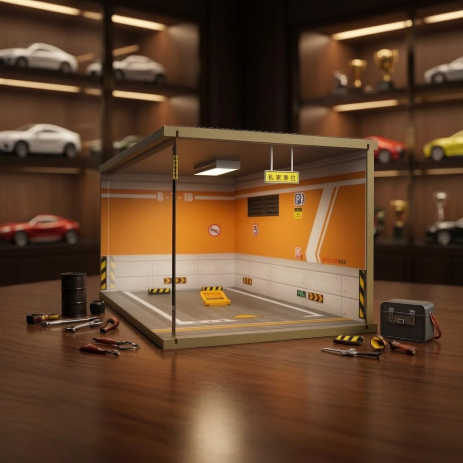 Modello di Garage Trasparente Modellismo | Assemblato, Alta Trasparenza, Diorama, per Esposizione su Mensola