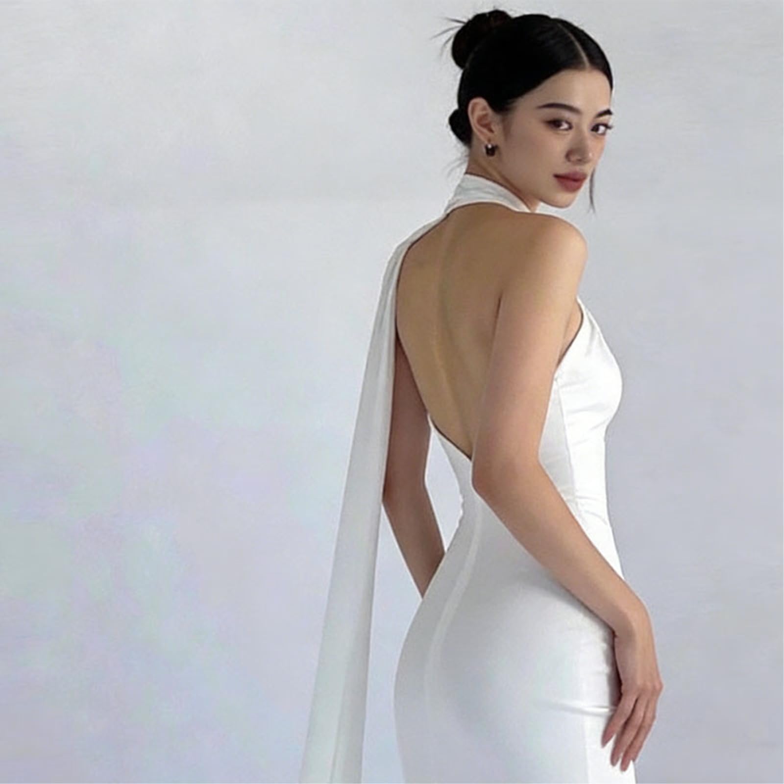 Abito Donna Halter Raso Maxi Nastro Drape Sirena da Sera, Liscio Opaco per Il Matrimonio-White-m