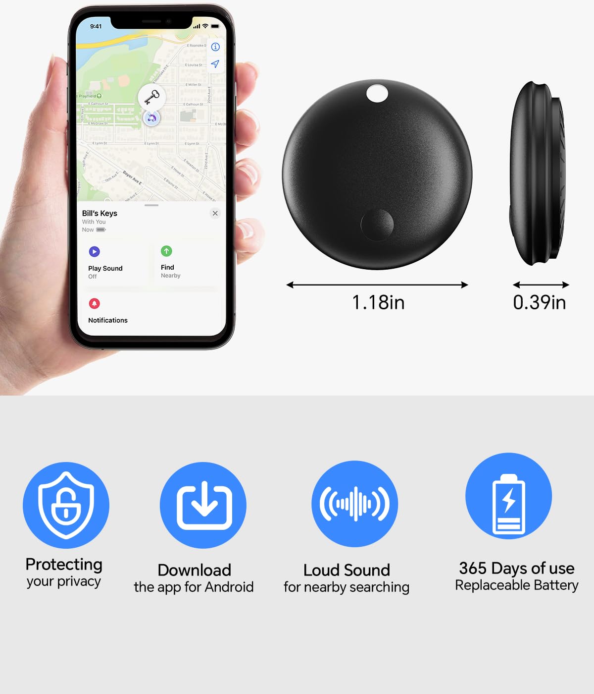 Étiquette de suivi d'air, traqueur Bluetooth étanche IP67, localisateur de porte-clés, localisateur d'articles pour sacs, sacs à dos, bagages, animaux de compagnie, portefeuilles (Android uniquement