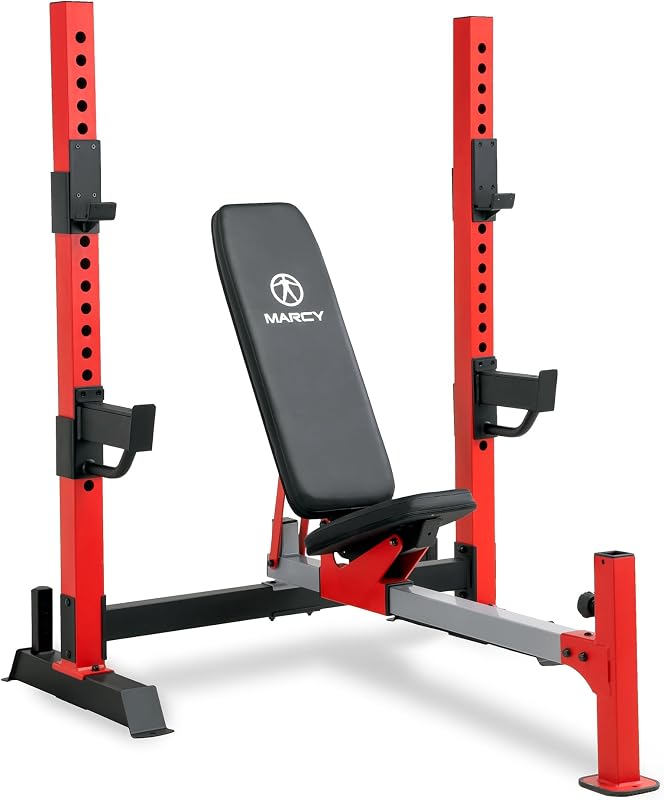 Marcy Deluxe Banco de pesas olímpico con respaldo ajustable y cierre de barra y flexión de brazo opcional, desarrollador de piernas, accesorios de torre lateral (se vende por separado), gimnasio personal en casa para entrenamiento de fuerza, levantamiento de pesas