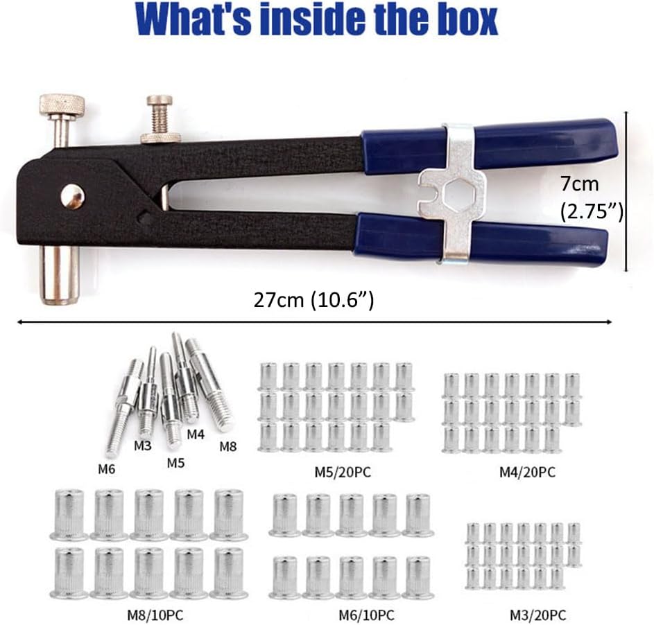 86 Pcs Rivet Nut Tool Kit Hand Riveter Set with M3/M4/M5/M6/M8 Threaded Rivet Nut and Mandrel