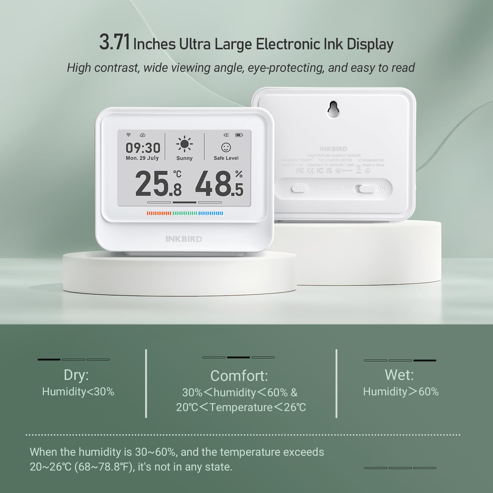 INKBIRD Termometro Igrometro WiFi,IBS-TH5 Sensore Temperatura Wifi,Tempo Reale Meteo e Previsione,E-ink Display,APP Controllo,Notifica di Allarme,Stazione Meteo WiFi per Casa,Ufficio,Cameretta,Serra