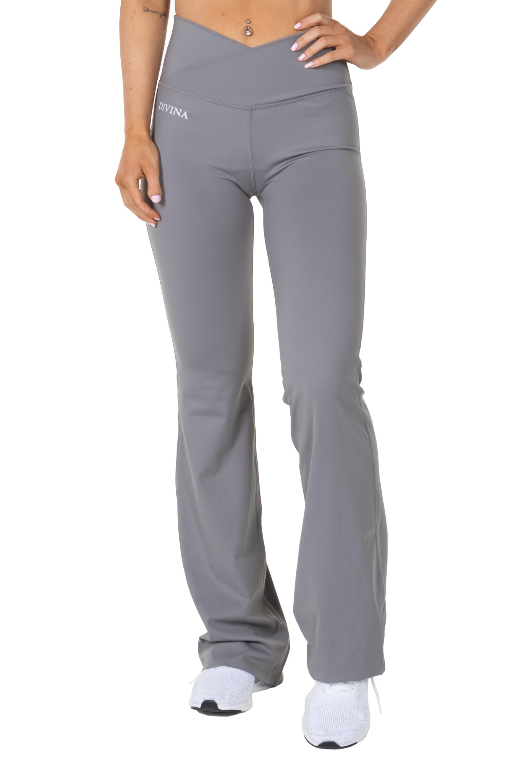 Divina Flare Tights, legginsy z rozkloszowanymi nogawkami i paskiem cross-over, idealne do treningu, jogi, spacerów i do noszenia na co dzień. Szare M