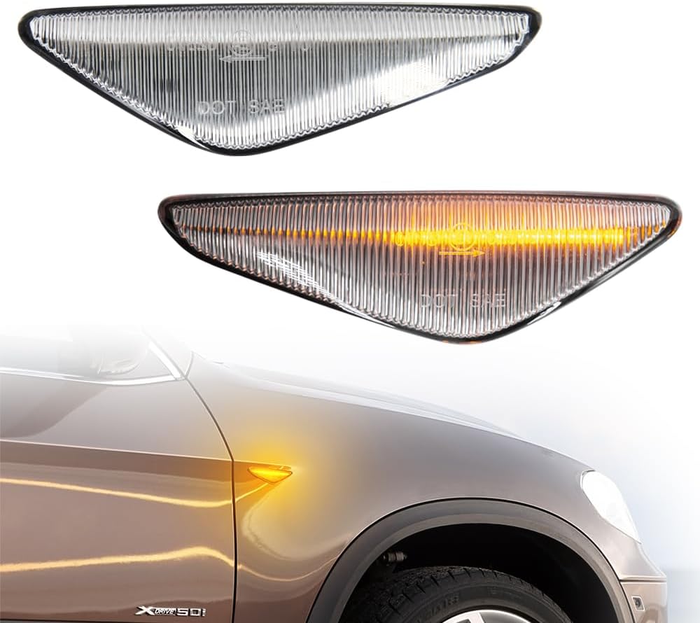 Clear Lens Dynamic LED Front Fender Side Marker Light Assembly Compatible With BMW F25 X3 E70 X5 E71 X6 LED Front Turn Signal Lights Kits OEM sidemarker Replacement