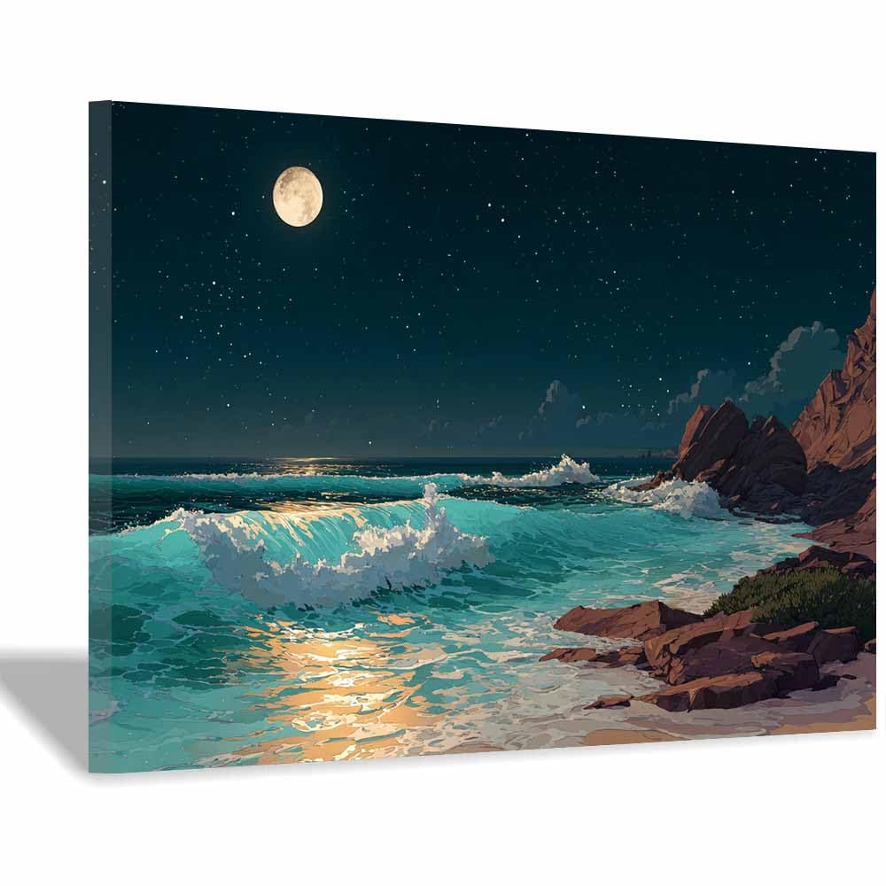 HOQIU Landscape wall art Moonlit Ocean Waves canvas art, art print, house decor, bedroom wall decor above bed, prints for living room.(Multicolor)-40x60cm Framed