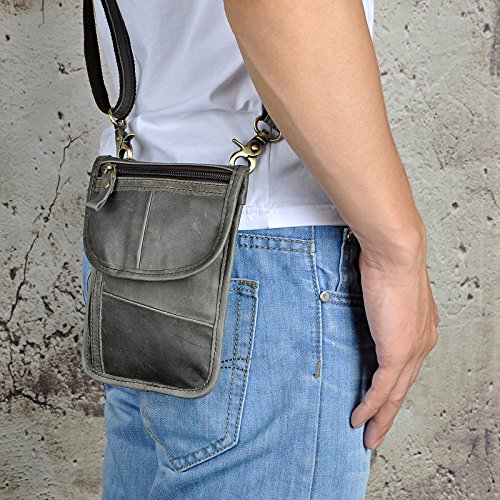 Le'aokuu Men Leather Fashion Mini Messenger Crossbody Bag Hook Waist Belt Bag Pack Cell Phone Case (Grey)2