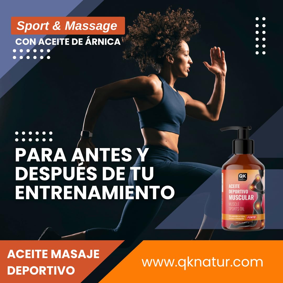 QKnatur - Aceite Deportivo Muscular (250 ml). Combinación de aceites de Origen Natural para masaje muscular - Contiene Árnica, Gaulteria y Harpagofito