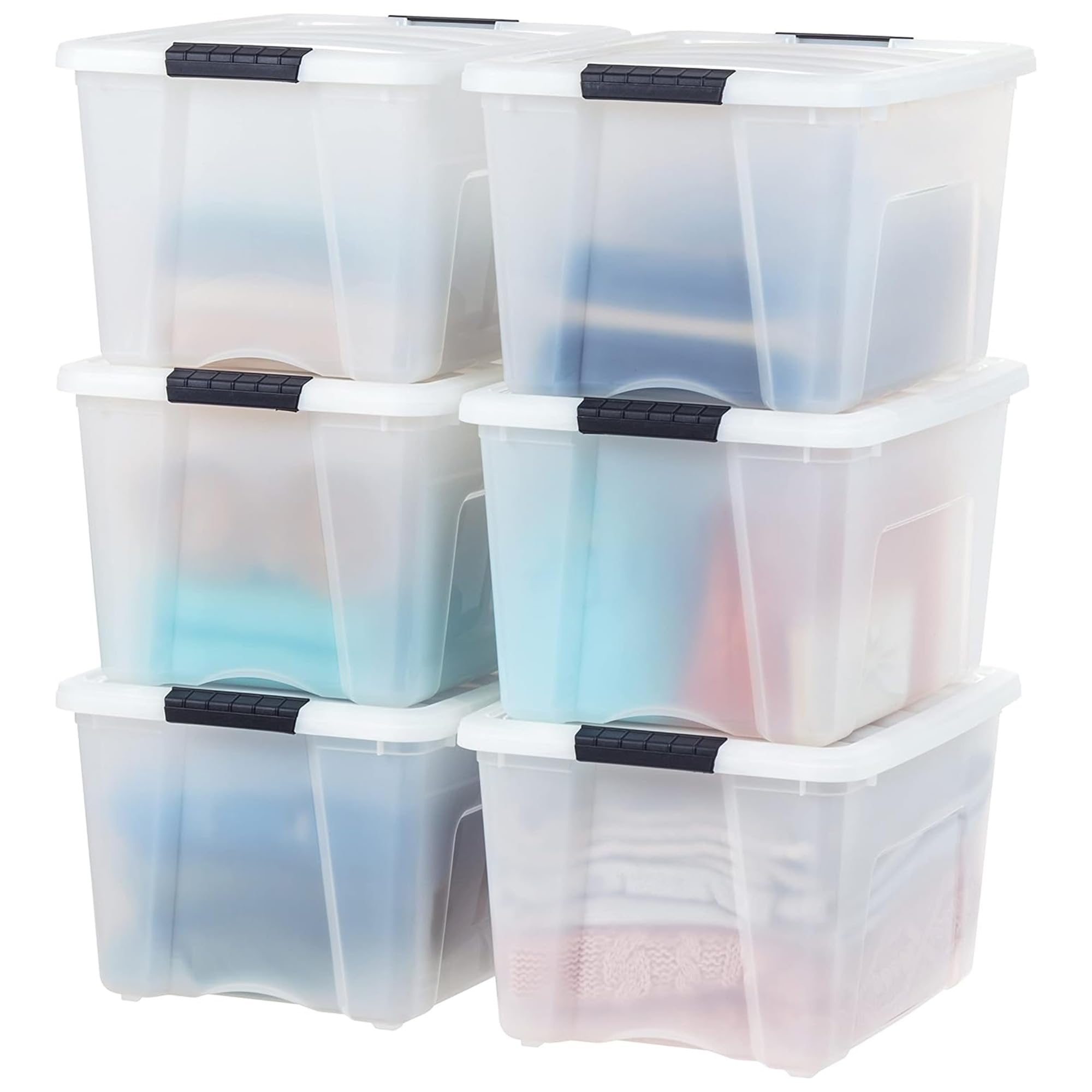 IRIS USA 40 Quart Stackable Plastic Storage Boxes with Lids - 6 Pack - BPA Free Made in USA - Low Profile Organization Solutions Latches Durable Nesting Containers with Secure Pull Handles - Pearl