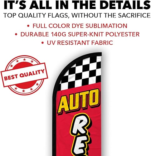 Miniatura 3 de Bandera publicitaria de reparación de automóviles (rojo y amarillo) sin viento, perfecta para mecánicos, tiendas de automóviles, concesionarios,