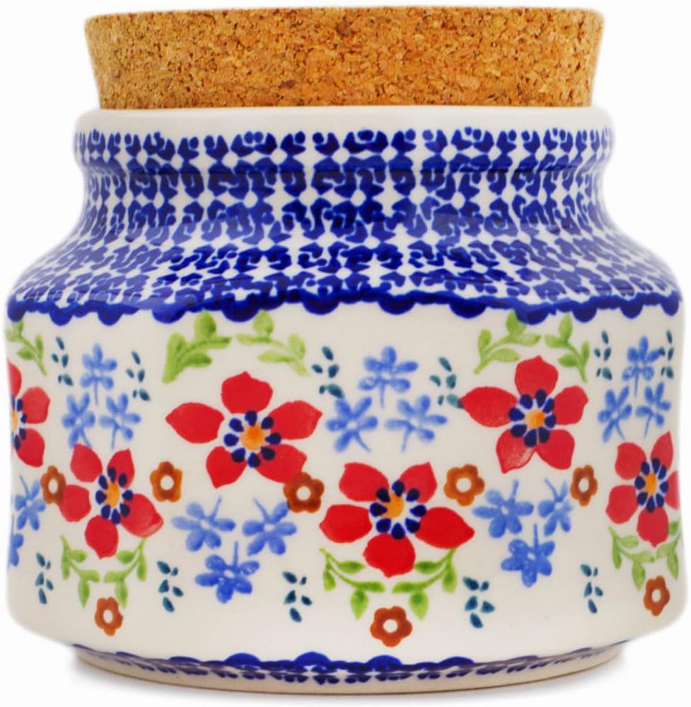 Polmedia Polish Pottery Jar with Lid - Red Flower Meadow Pattern Handmade in Boleslawiec Poland + Certificate of Authenticity