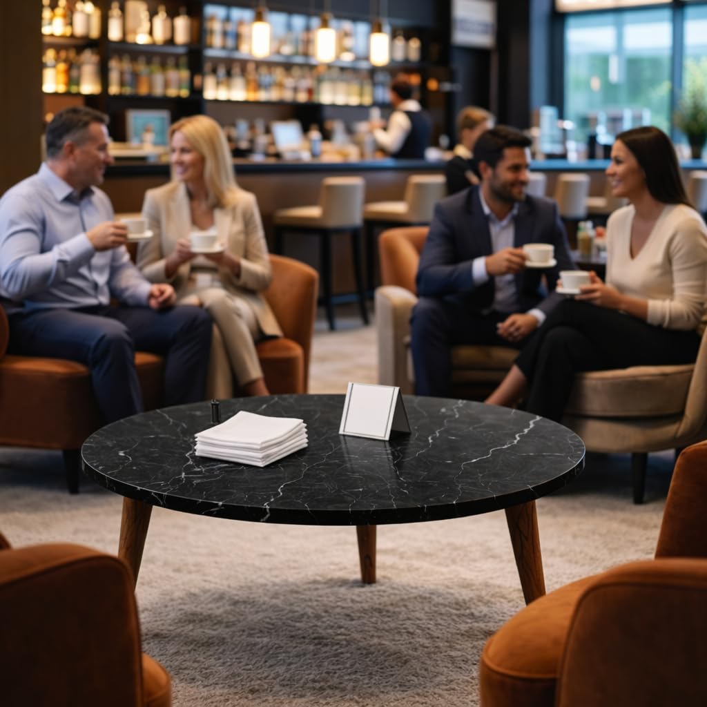 Tavolino Tondo da Caffè in Legno Basso - Moderno, Adatto per Soggiorno, Hall Albergo, Ufficio, Arredamento Casa, Sala da Tè, con 3 Gambe, Elegante - D.75x43h cm (Effetto Marmo Nero)