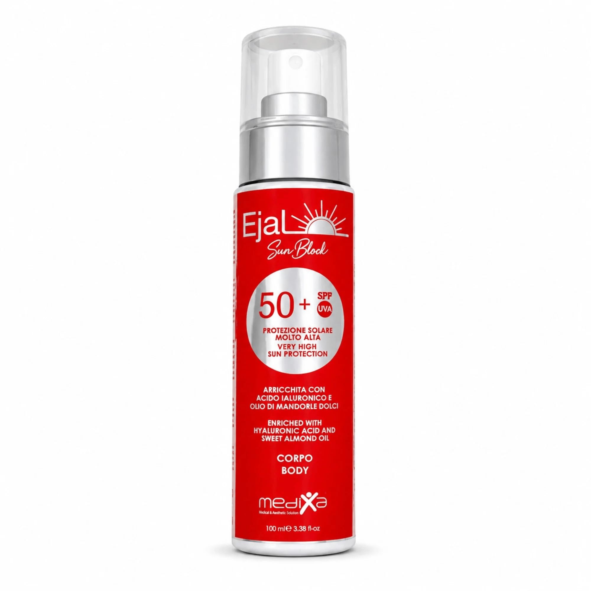 Ejal Sunscreen Body Protector SPF50+ 100ml | Spray Solare Corpo con Acido Ialuronico e Olio di Mandorle | Protezione UVA UVB ad Ampio Spettro | Uso Quotidiano