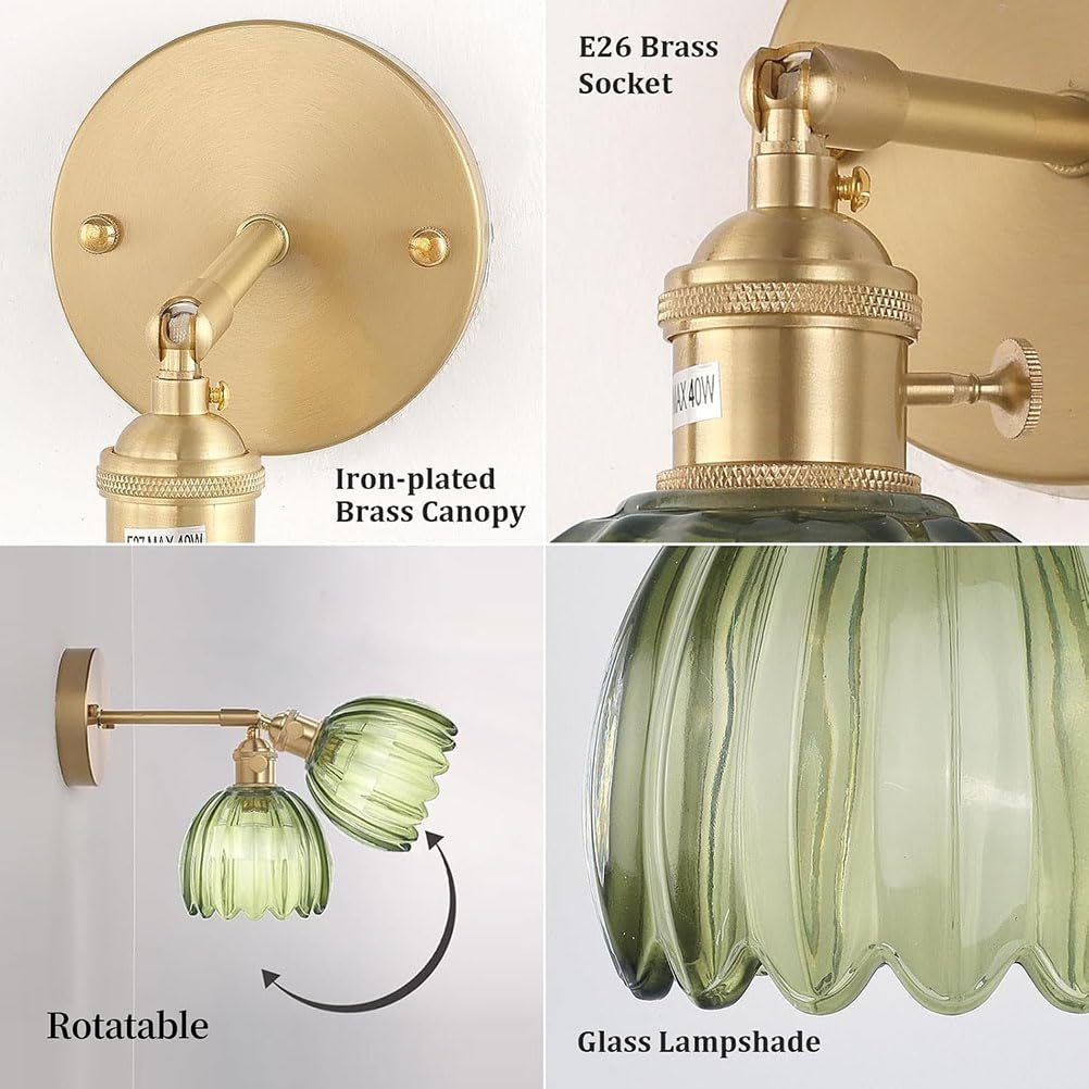 LOGT Vintage Wandlamp met Schakelaar en Stekker, Goud Glas Lampenkap Muurlamp Retro Messing Nachtlampje met Kabel en Schakelaar Bloem Nachtlampje Binnen Industrial Kristallen Lamp E27