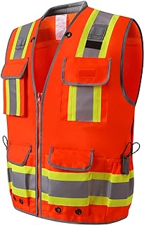 UNINOVA Surveyor Safety Vest Reflective for Men, Class 2 Heavy Duty Safety Vests Reflective with Pockets and Zipper,High Visibility Construction Work Vest(Orange,Large)
