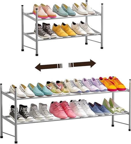 Solerconm Rangement à Chaussures Extensible, Banc à Chaussures à 2 Niveaux, Meuble à Chaussures Grande Capacité avec Étagère Solide pour Entrée, Couloir, Salon,Chambre(Gris, 2-Tier) Cover