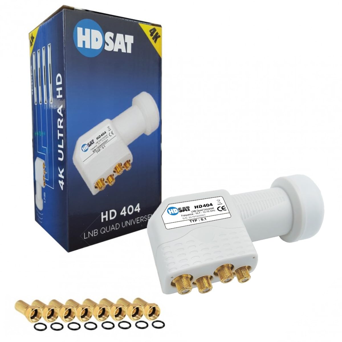 HD404 LNB Quad Full HD 4K Tête Parabole 4 Sorties 0,1dB + 8 Fiches F