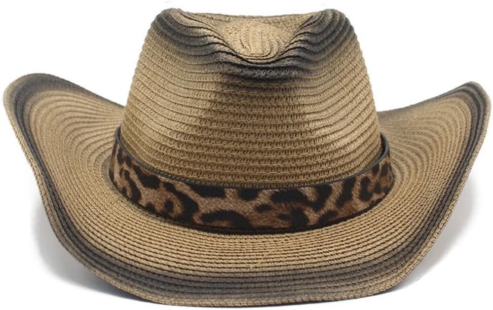 Western Cowboy Hat, Straw Woven, Khaki with Leopard Print Band