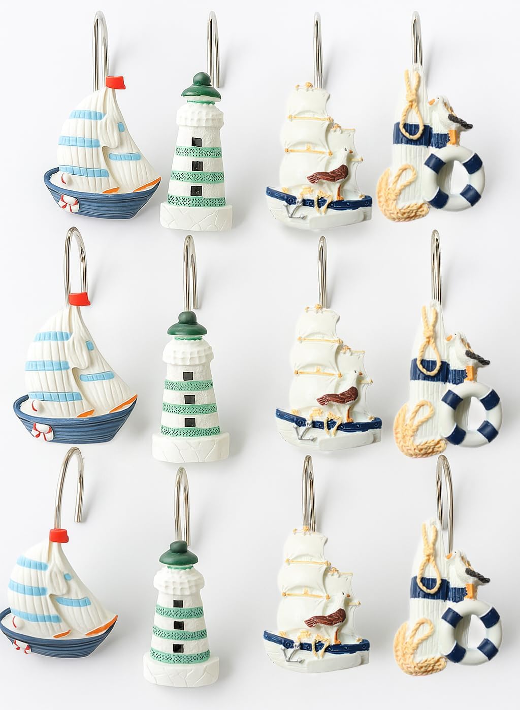 Nautical Shower Curtain Hooks Set of 12, Ocean Theme Resin Sailboat Lighthouse Seagull Design, Decorative Shower Hooks for Bathroom Beach House Lovers Nautical Decor